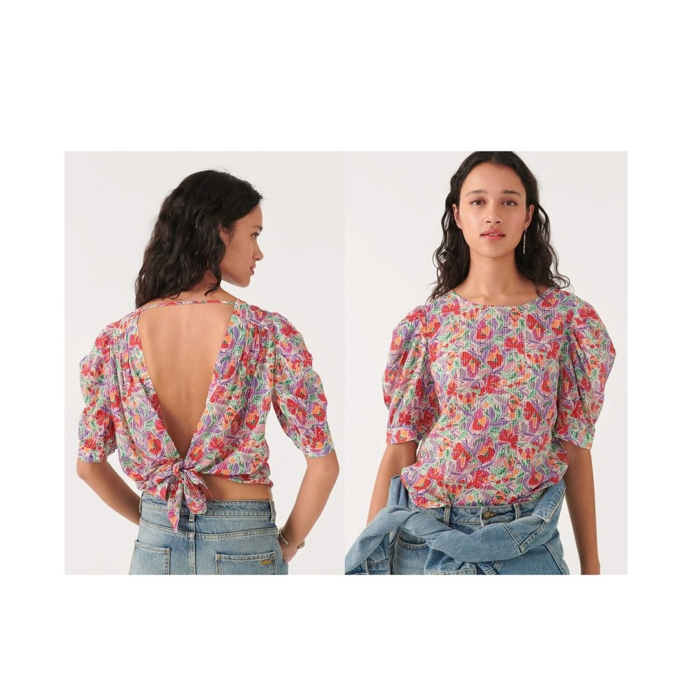 ba&sh Amael Top S Open Back Puff Sleeve Boho Floral European Summer Lightweight‎